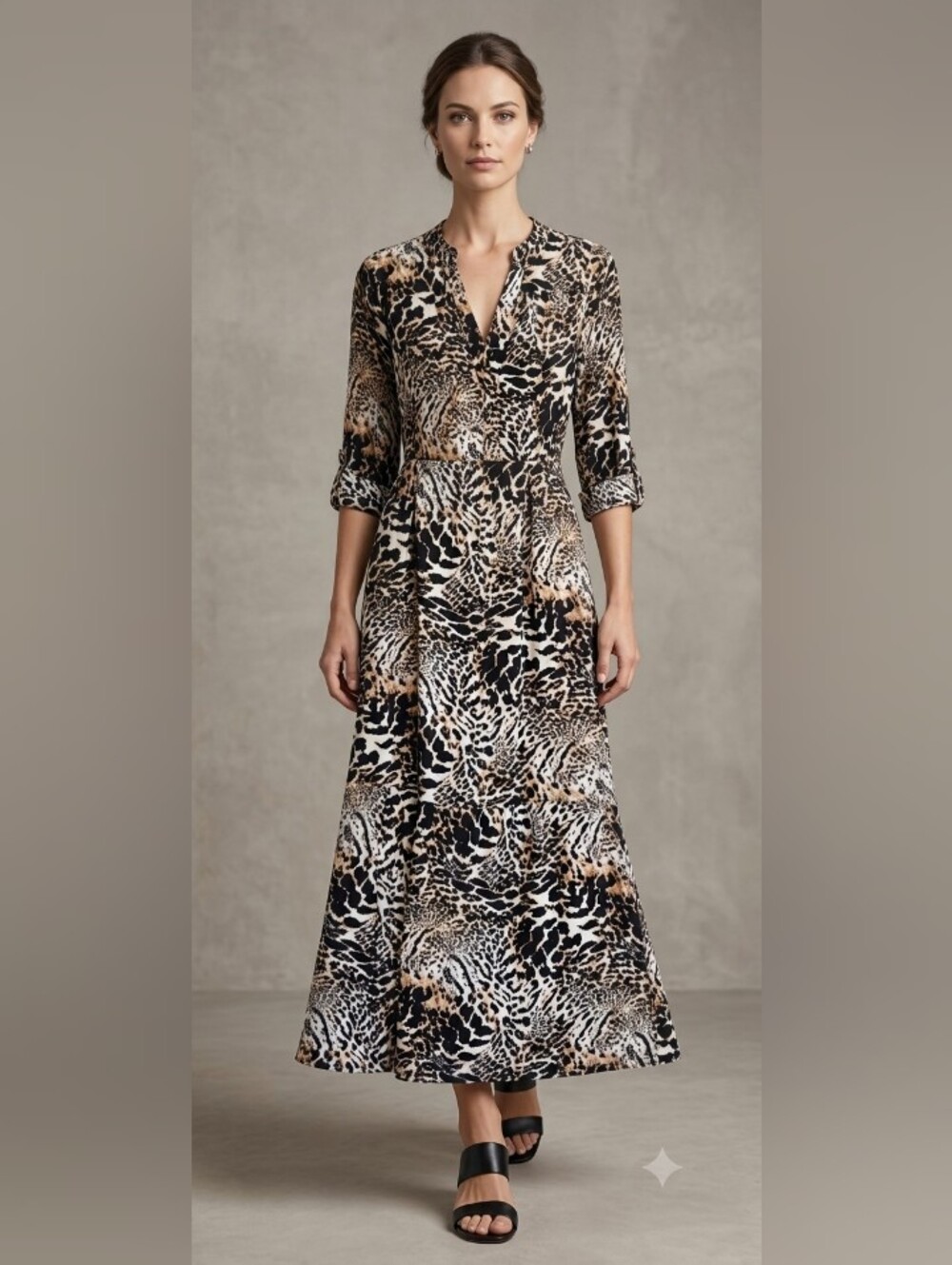Chico's Animal Print Maxi Dress in Black and Tan
